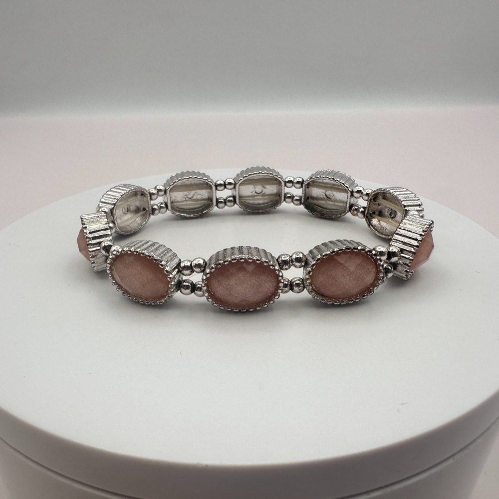Vintage 90s Y2K Pink Faux Sunstone Stretch Bracelet Silver Tone Jewelry